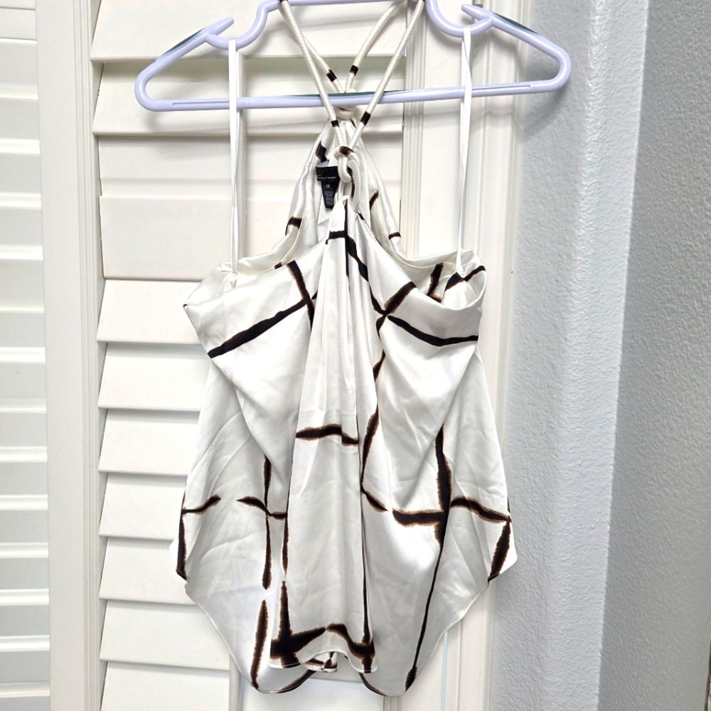 White House Black Market White and Brown Halter Blouse Elegant Party Women M
